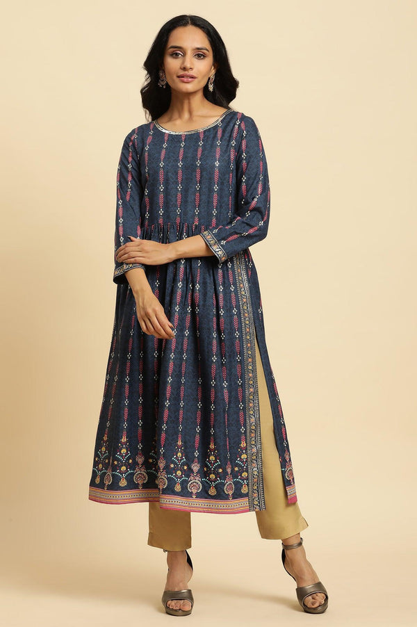 Navy Blue Naira Cut Floral Printed Festive Kurta
