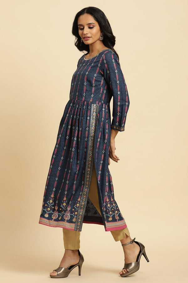 Navy Blue Naira Cut Floral Printed Festive Kurta