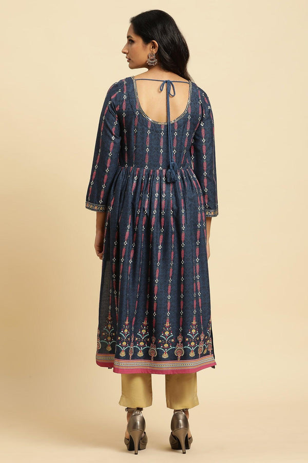 Navy Blue Naira Cut Floral Printed Festive Kurta