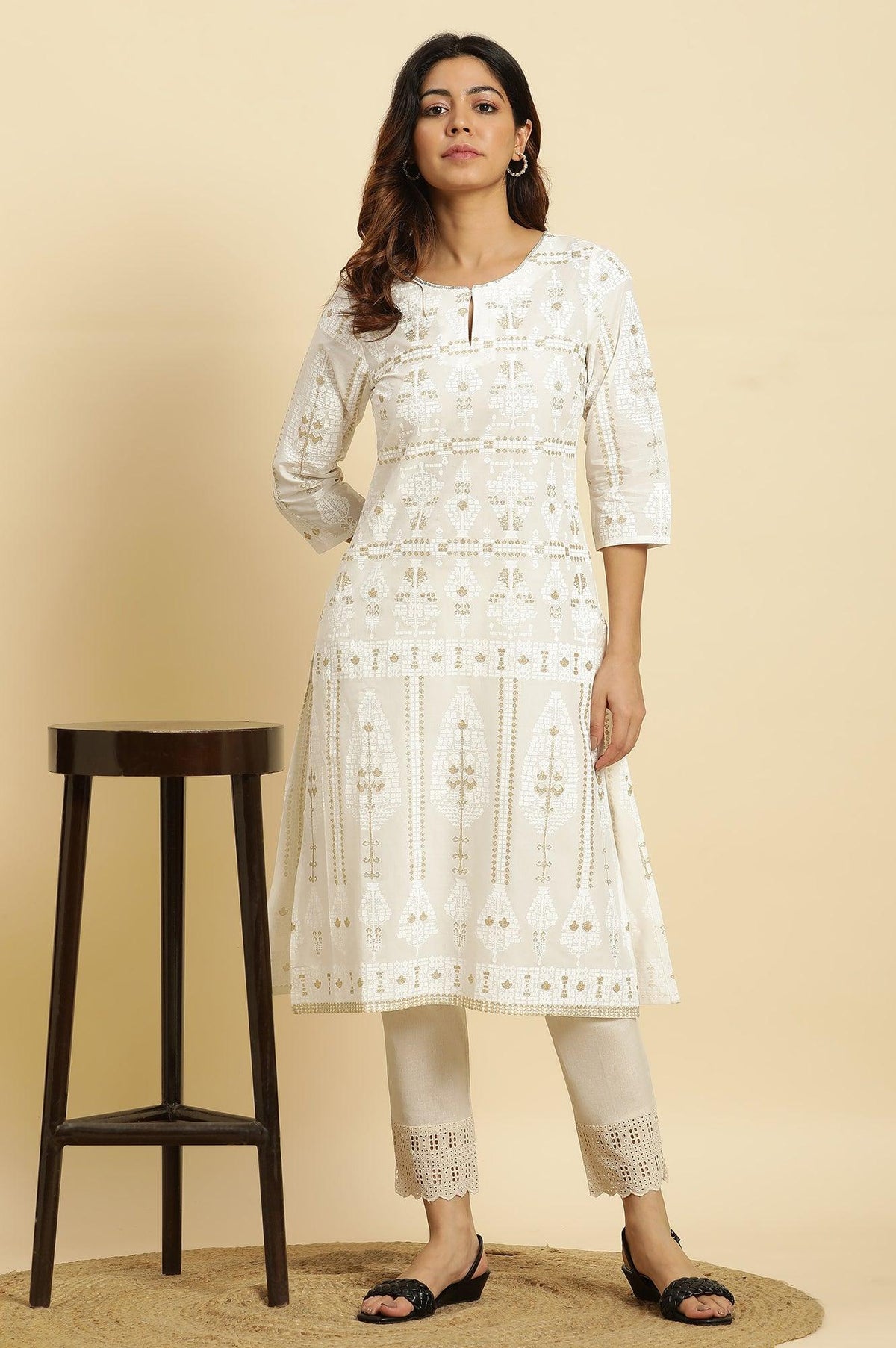 Ecru Glitter Printed Light Festive Kurta - XS