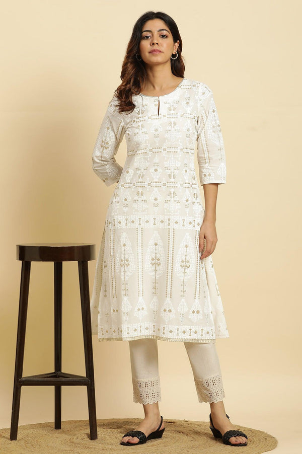 Ecru Glitter Printed Light Festive Kurta