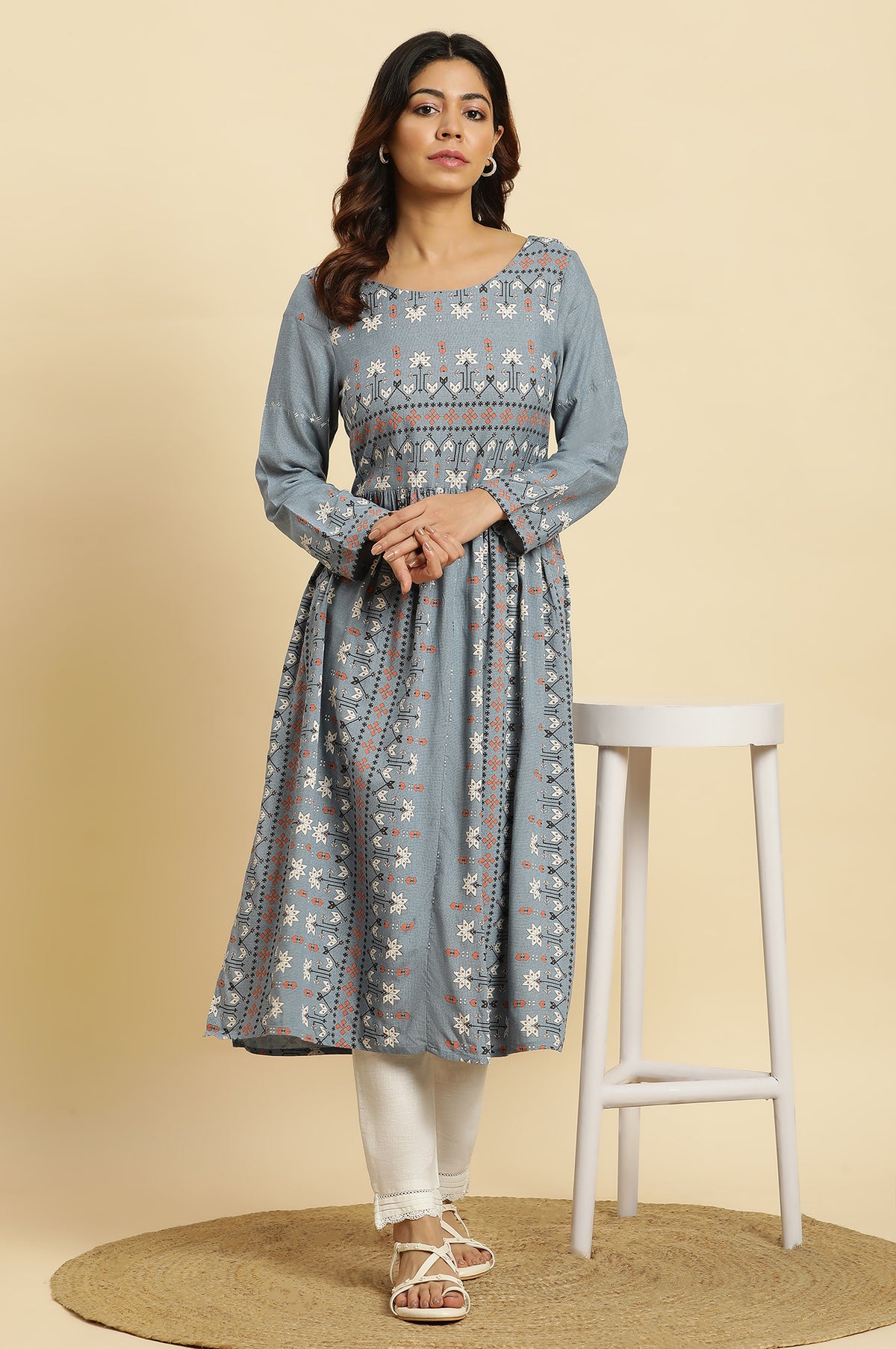 Blue Aztec Printed High Slit Kurta - S