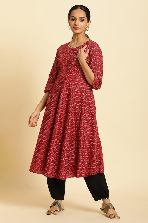 Dark Red Flared Sequined Printed Kurta