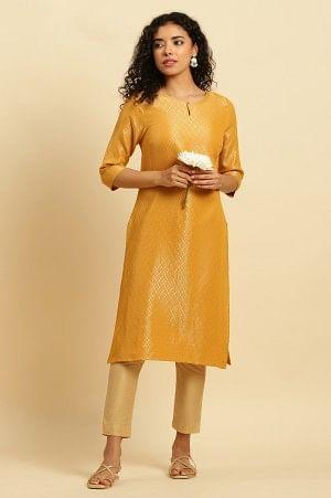 Yellow Dobby Festive Embellished Kurta - wforwoman