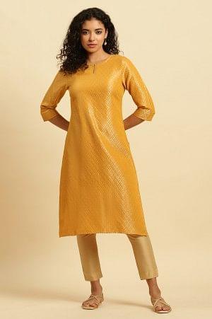 Yellow Dobby Festive Embellished Kurta - wforwoman