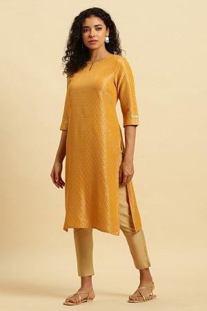 Yellow Dobby Festive Embellished Kurta - wforwoman