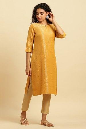 Yellow Dobby Festive Embellished Kurta - wforwoman