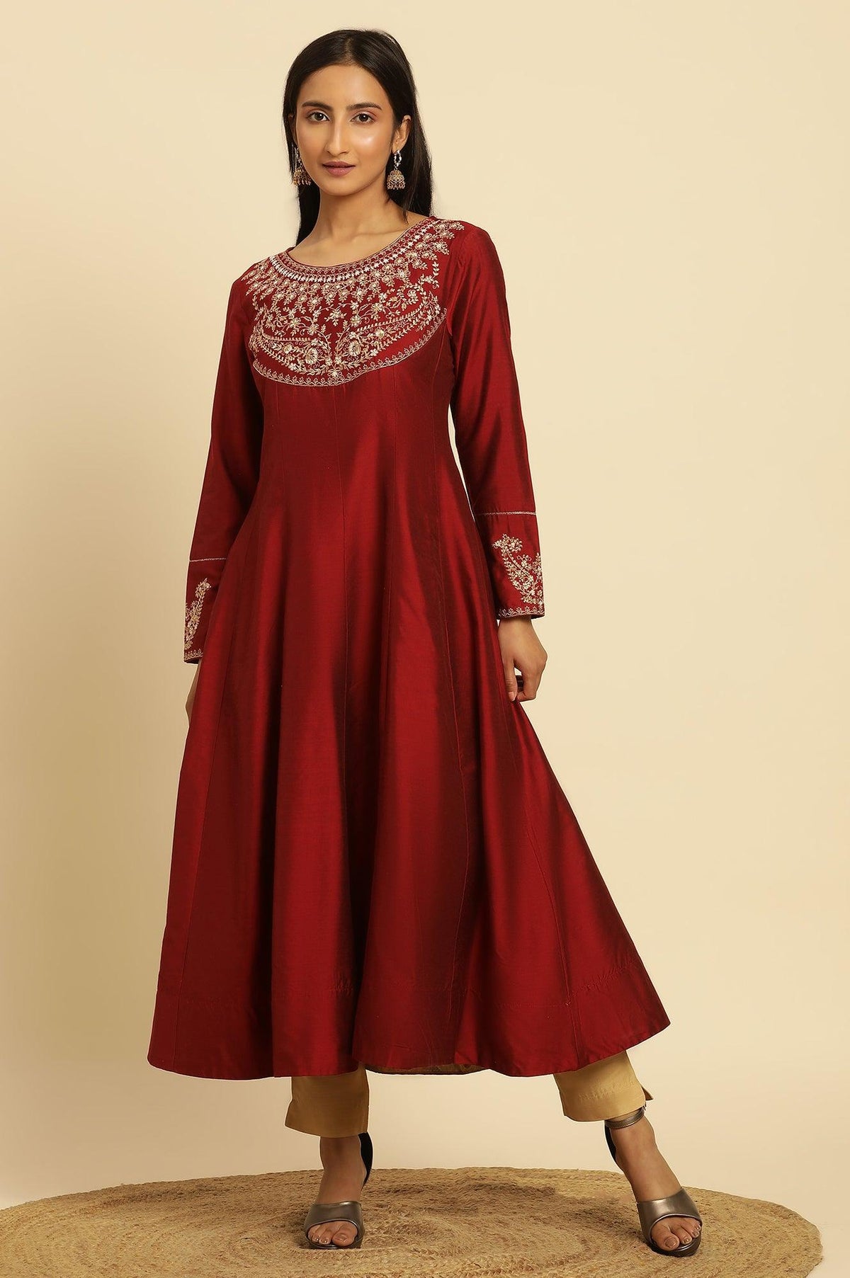Maroon Embroidered Flared Kurta - XS