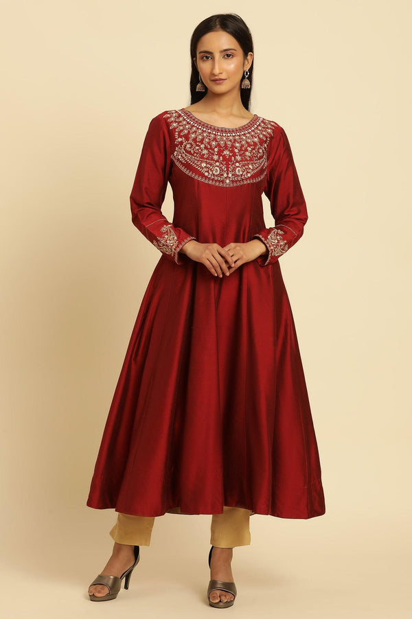 Maroon Embroidered Flared Kurta