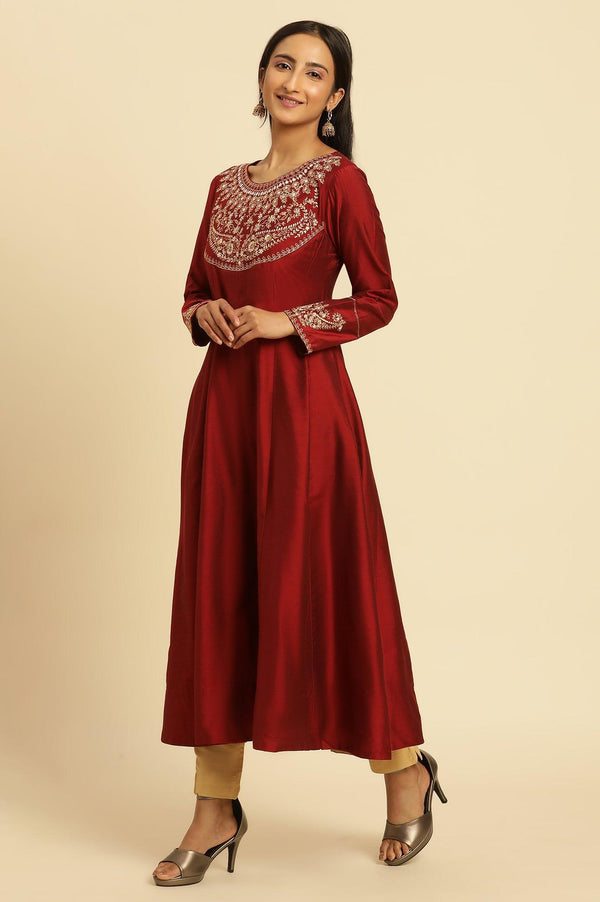 Maroon Embroidered Flared Kurta