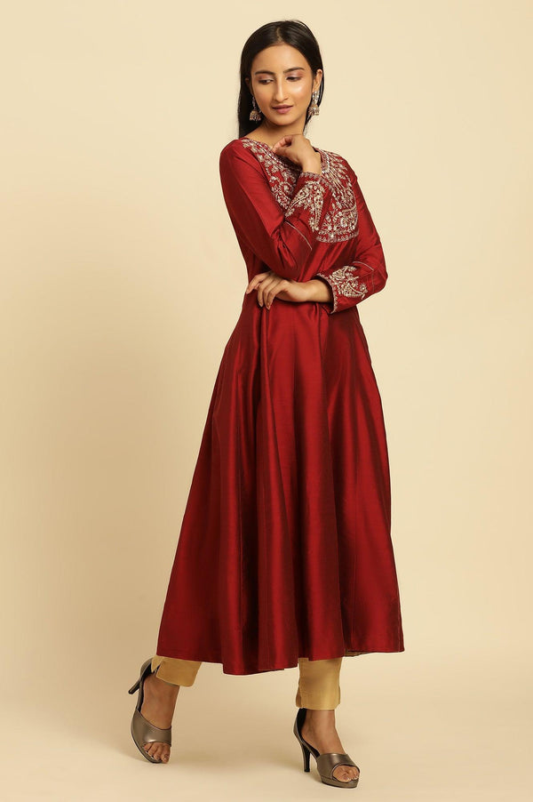 Maroon Embroidered Flared Kurta