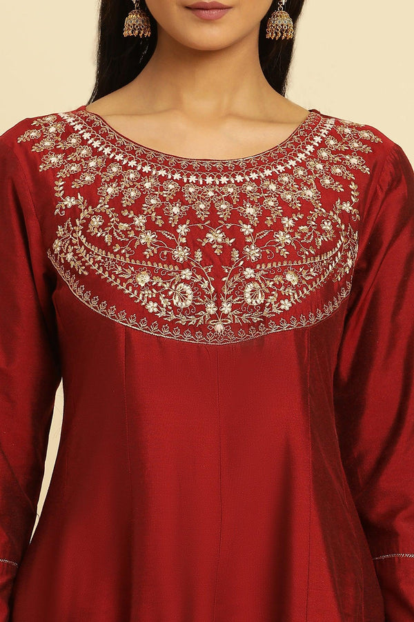 Maroon Embroidered Flared Kurta