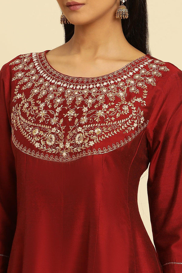 Maroon Embroidered Flared Kurta