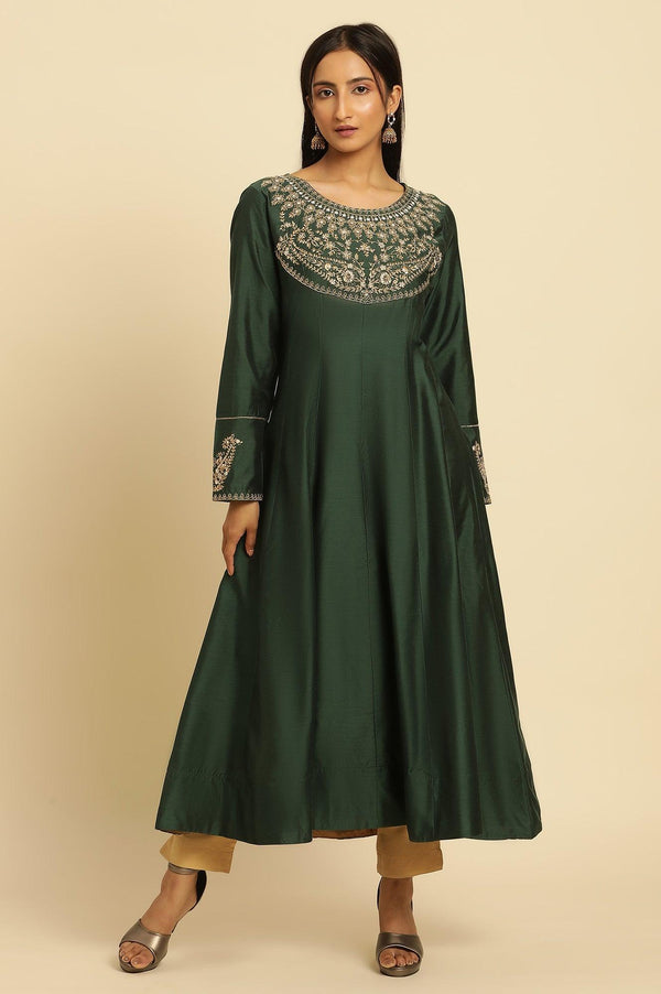 Green Embroidered Flared Kurta