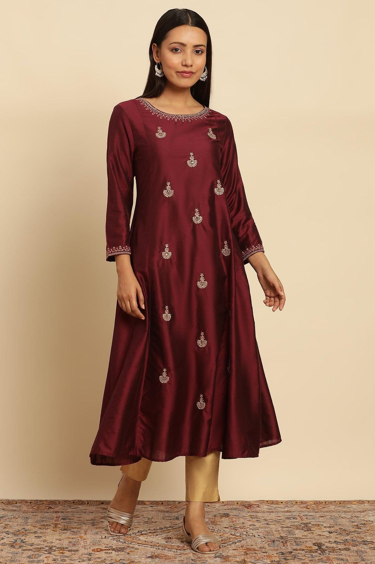 Dark Red Flared Embroidered Kurta - XS