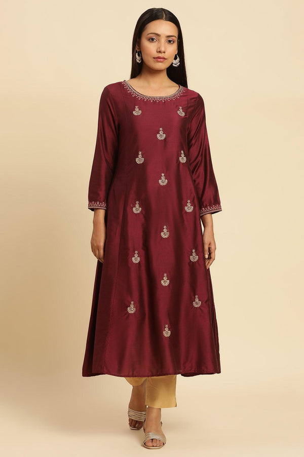 Dark Red Flared Embroidered Kurta