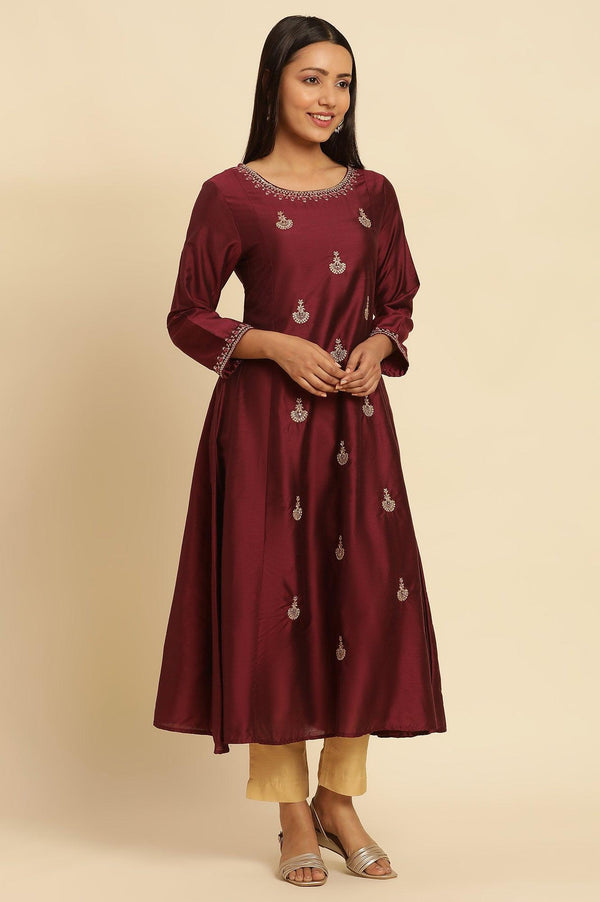 Dark Red Flared Embroidered Kurta