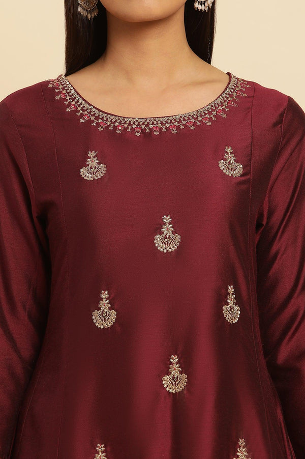Dark Red Flared Embroidered Kurta