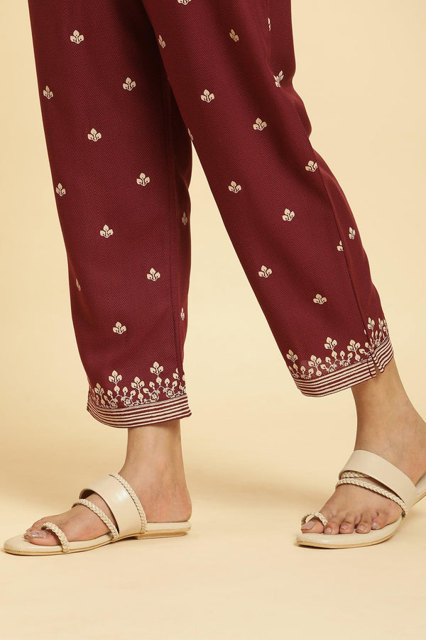 Maroon Printed Kurta, Pants And Dupatta Set