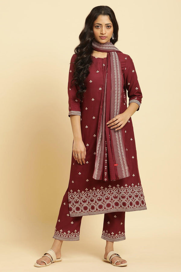 Maroon Printed Kurta, Pants And Dupatta Set