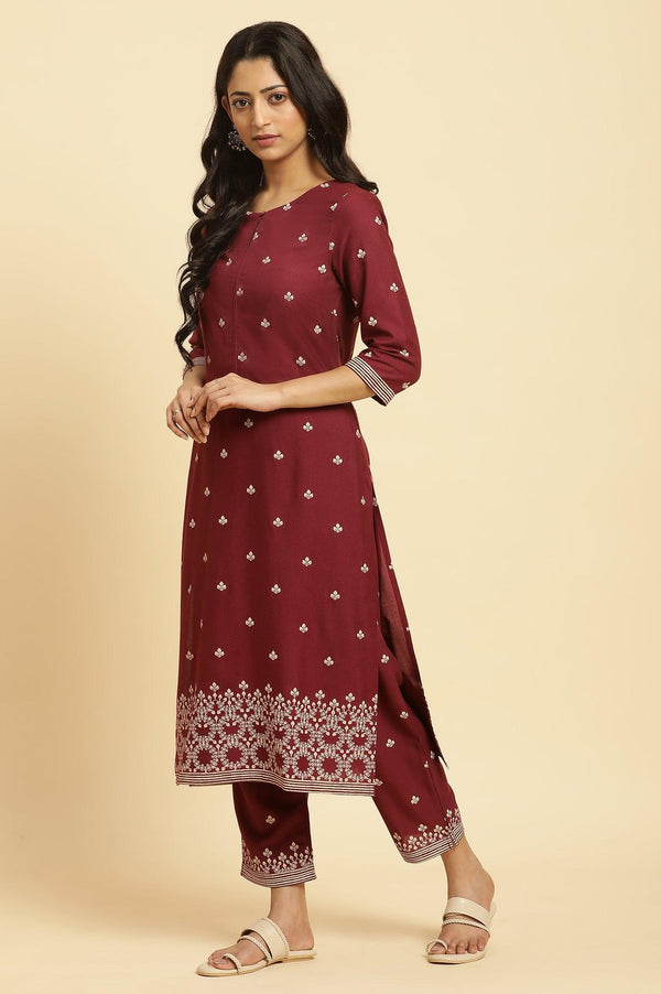 Maroon Printed Kurta, Pants And Dupatta Set