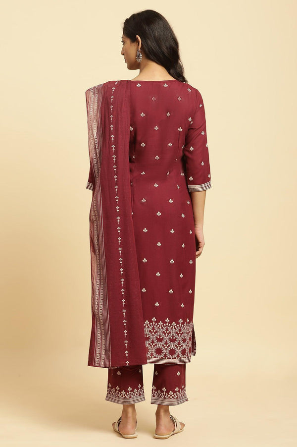 Maroon Printed Kurta, Pants And Dupatta Set