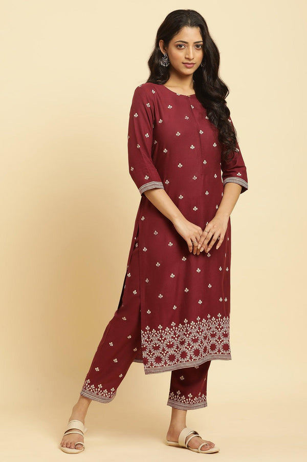 Maroon Printed Kurta, Pants And Dupatta Set