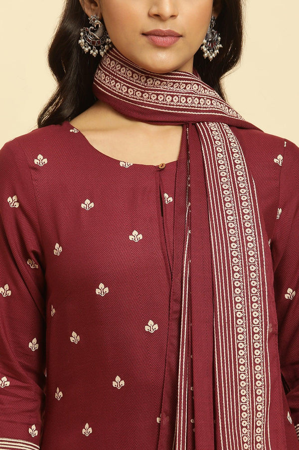 Maroon Printed Kurta, Pants And Dupatta Set