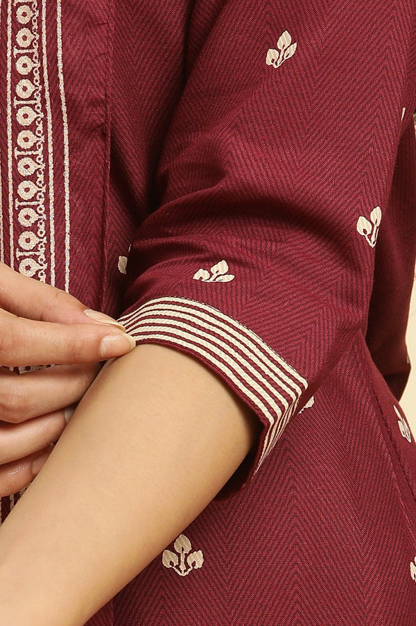 Maroon Printed Kurta, Pants And Dupatta Set