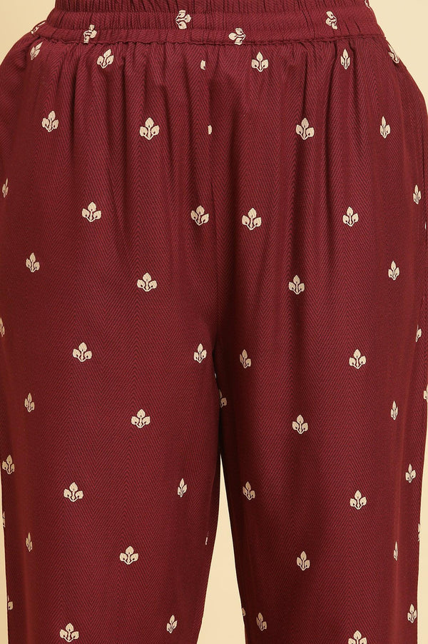 Maroon Printed Kurta, Pants And Dupatta Set