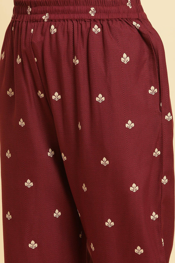 Maroon Printed Kurta, Pants And Dupatta Set