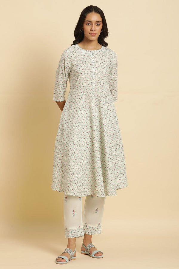 Ecru Floral Printed A-Line Kurta And Pants Set
