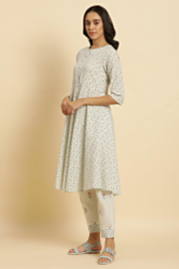 Ecru Floral Printed A-Line Kurta And Pants Set