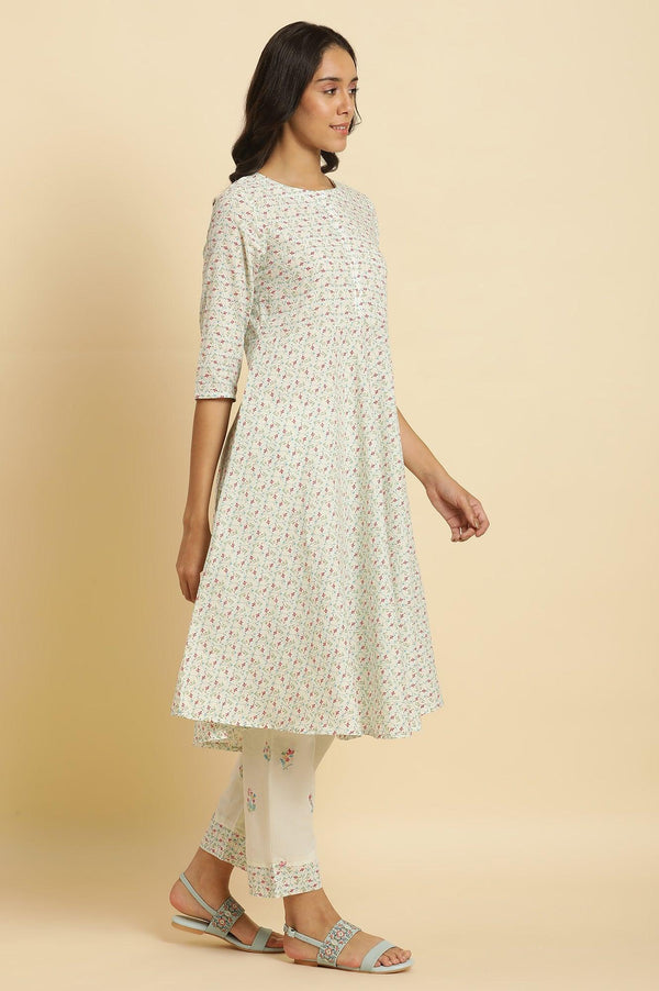 Ecru Floral Printed A-Line Kurta And Pants Set