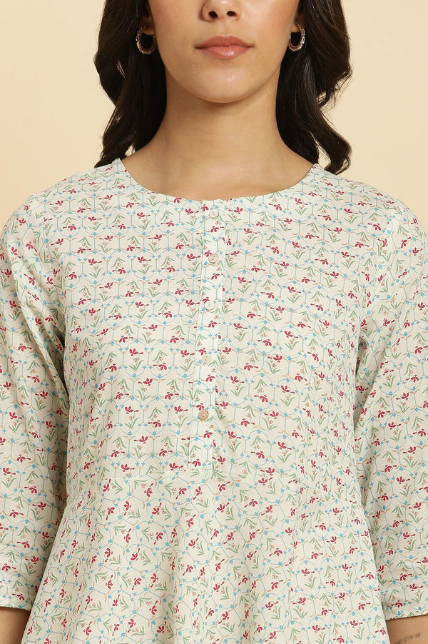 Ecru Floral Printed A-Line Kurta And Pants Set