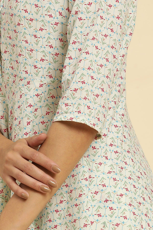 Ecru Floral Printed A-Line Kurta And Pants Set