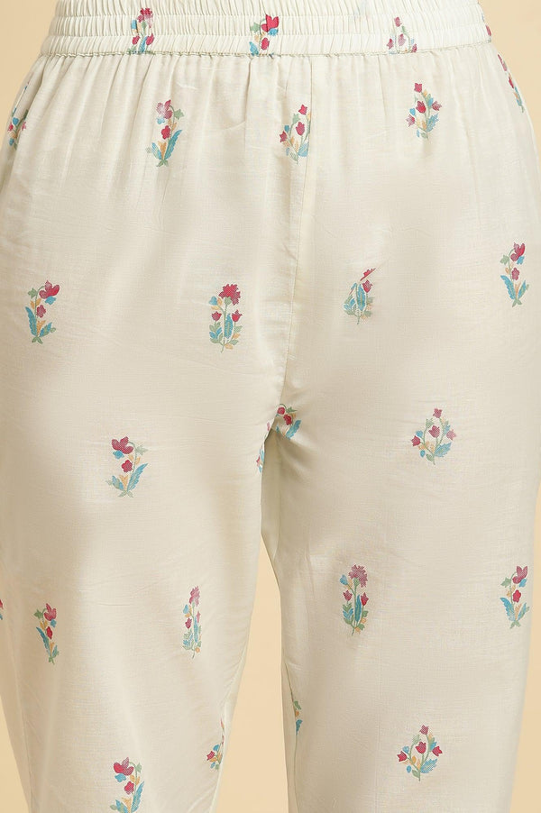 Ecru Floral Printed A-Line Kurta And Pants Set