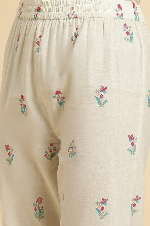 Ecru Floral Printed A-Line Kurta And Pants Set