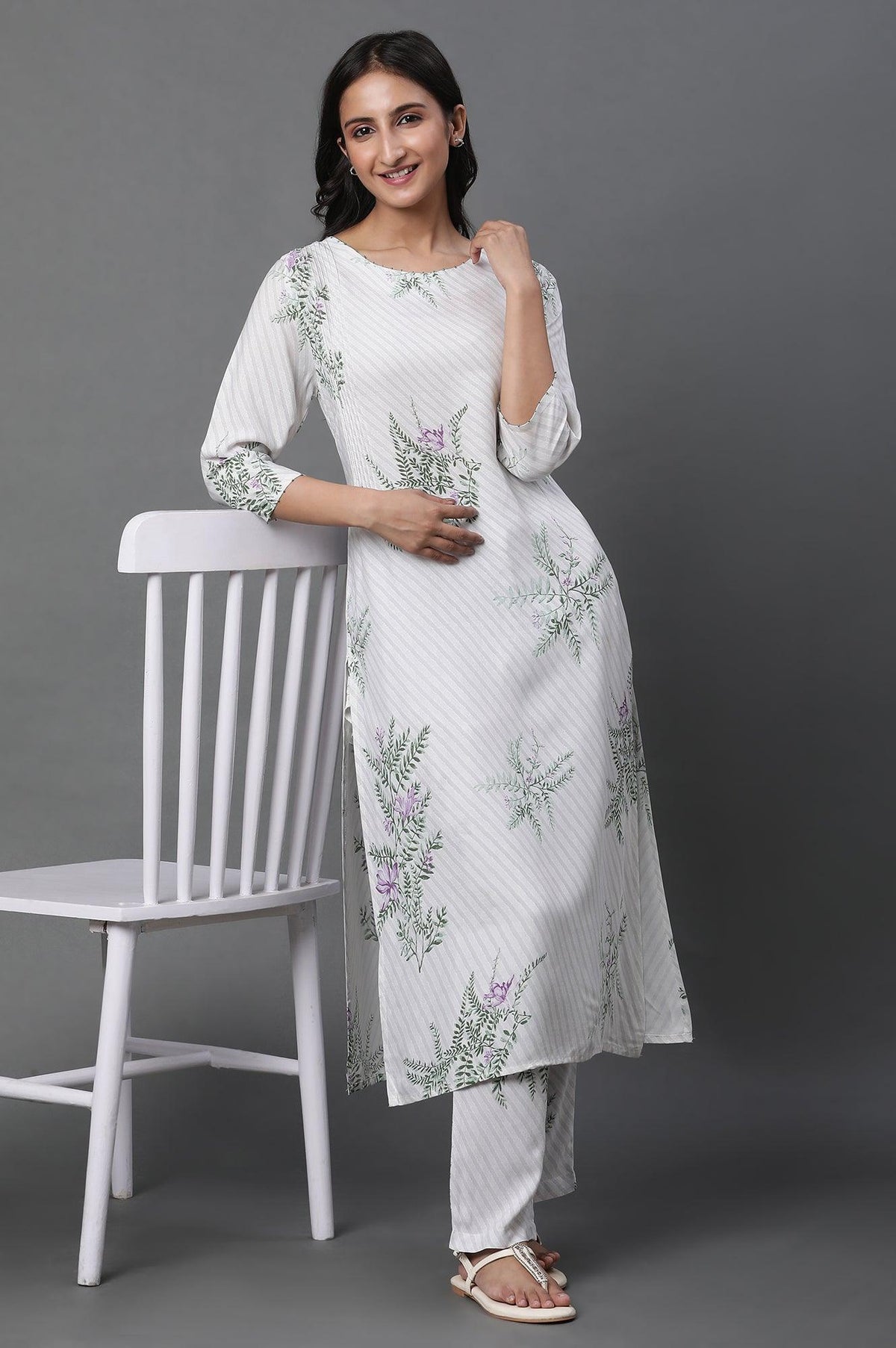 Ecru Straight Printed Kurta And Pants Set - XS