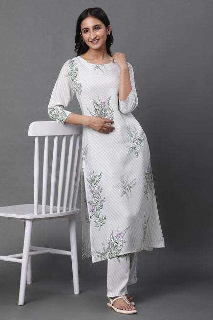 Ecru Straight Printed Kurta And Pants Set - wforwoman