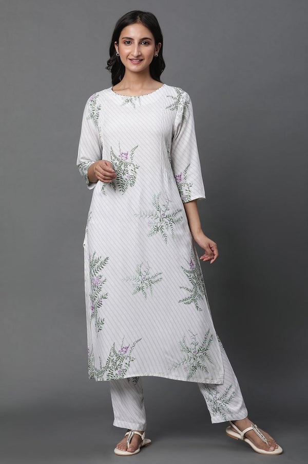 Ecru Straight Printed Kurta And Pants Set