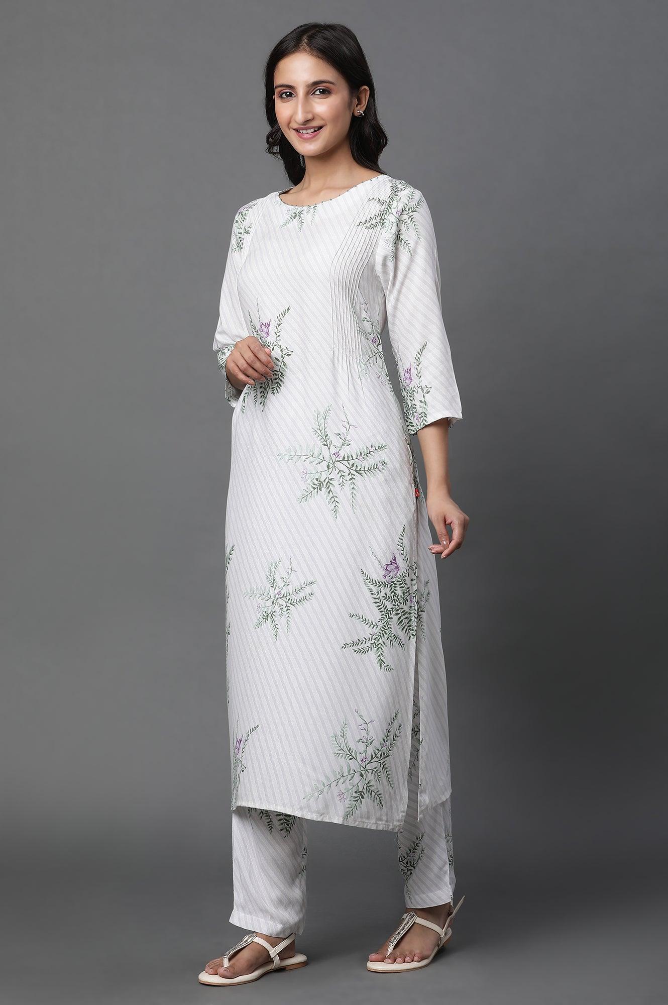 Ecru Straight Printed Kurta And Pants Set - wforwoman