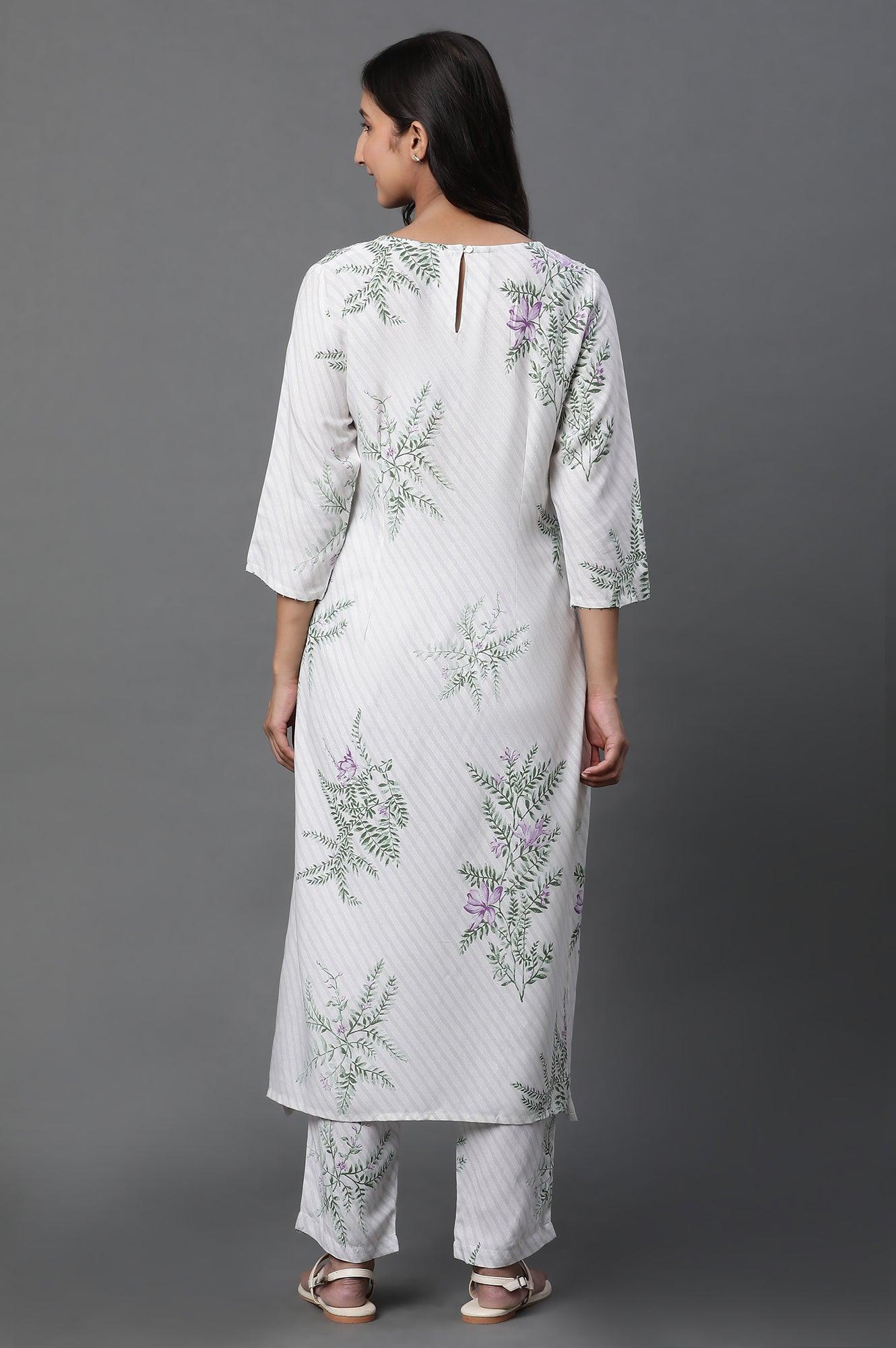 Ecru Straight Printed Kurta And Pants Set - wforwoman
