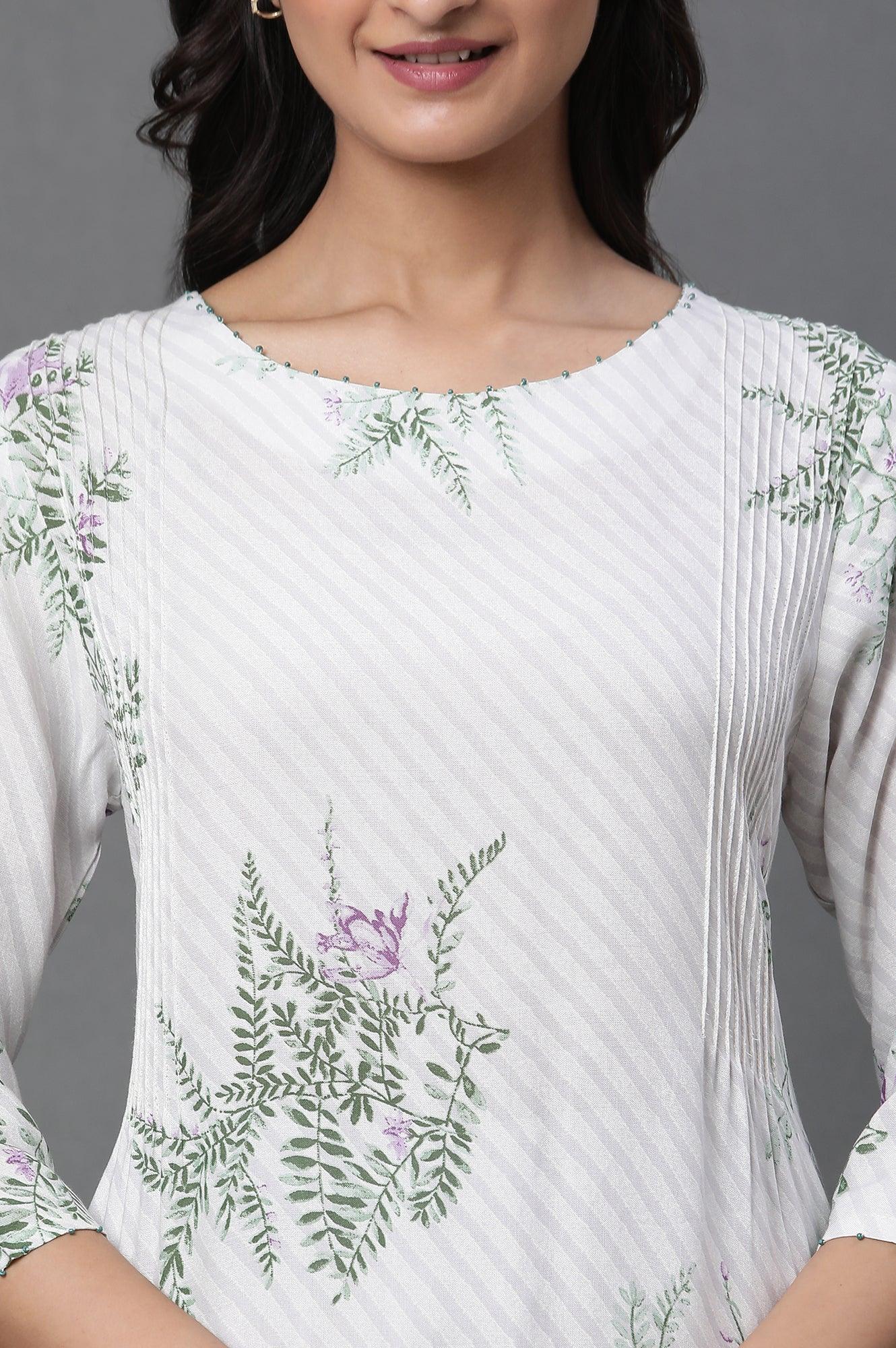 Ecru Straight Printed Kurta And Pants Set - wforwoman