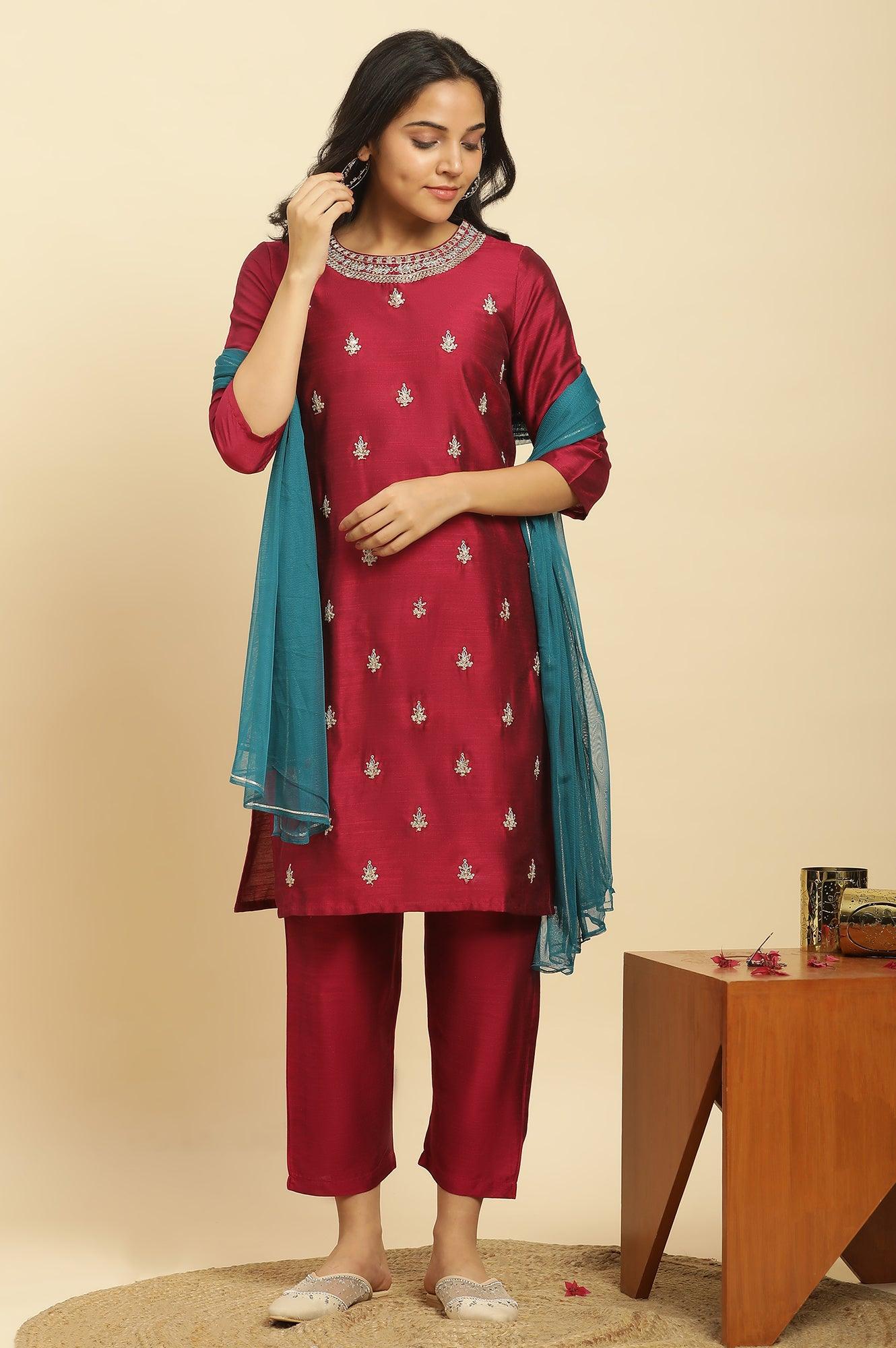 Red Dori Embroidered Festive Kurta, Pants And Dupatta Set - wforwoman