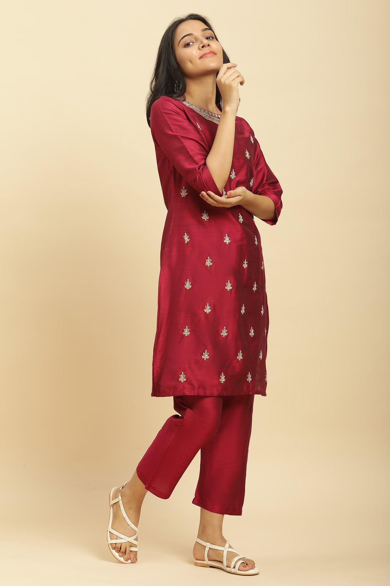 Red Dori Embroidered Festive Kurta, Pants And Dupatta Set - wforwoman