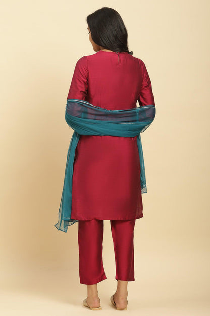 Red Dori Embroidered Festive Kurta, Pants And Dupatta Set - wforwoman