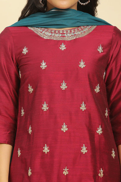 Red Dori Embroidered Festive Kurta, Pants And Dupatta Set - wforwoman