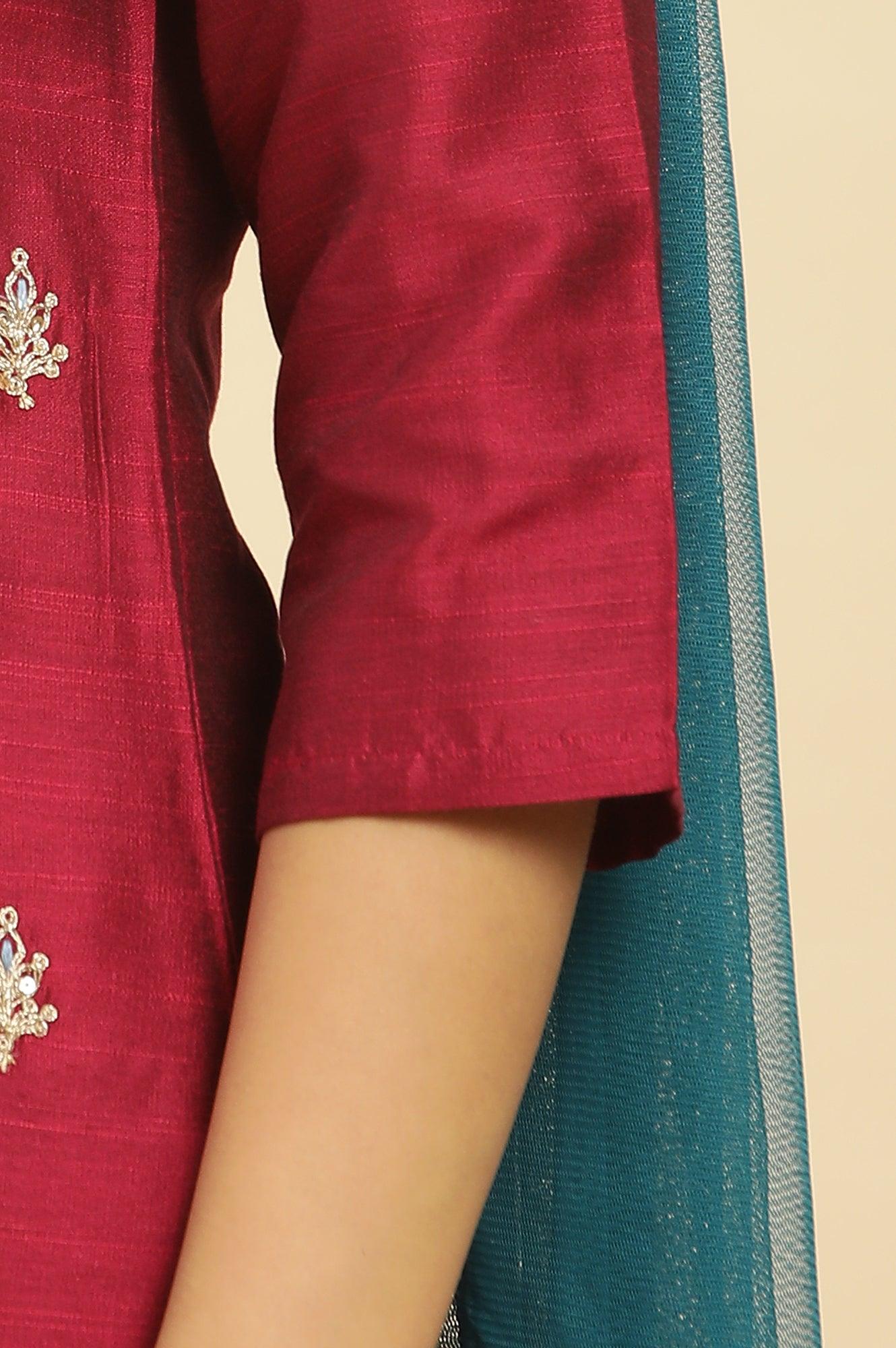 Red Dori Embroidered Festive Kurta, Pants And Dupatta Set - wforwoman