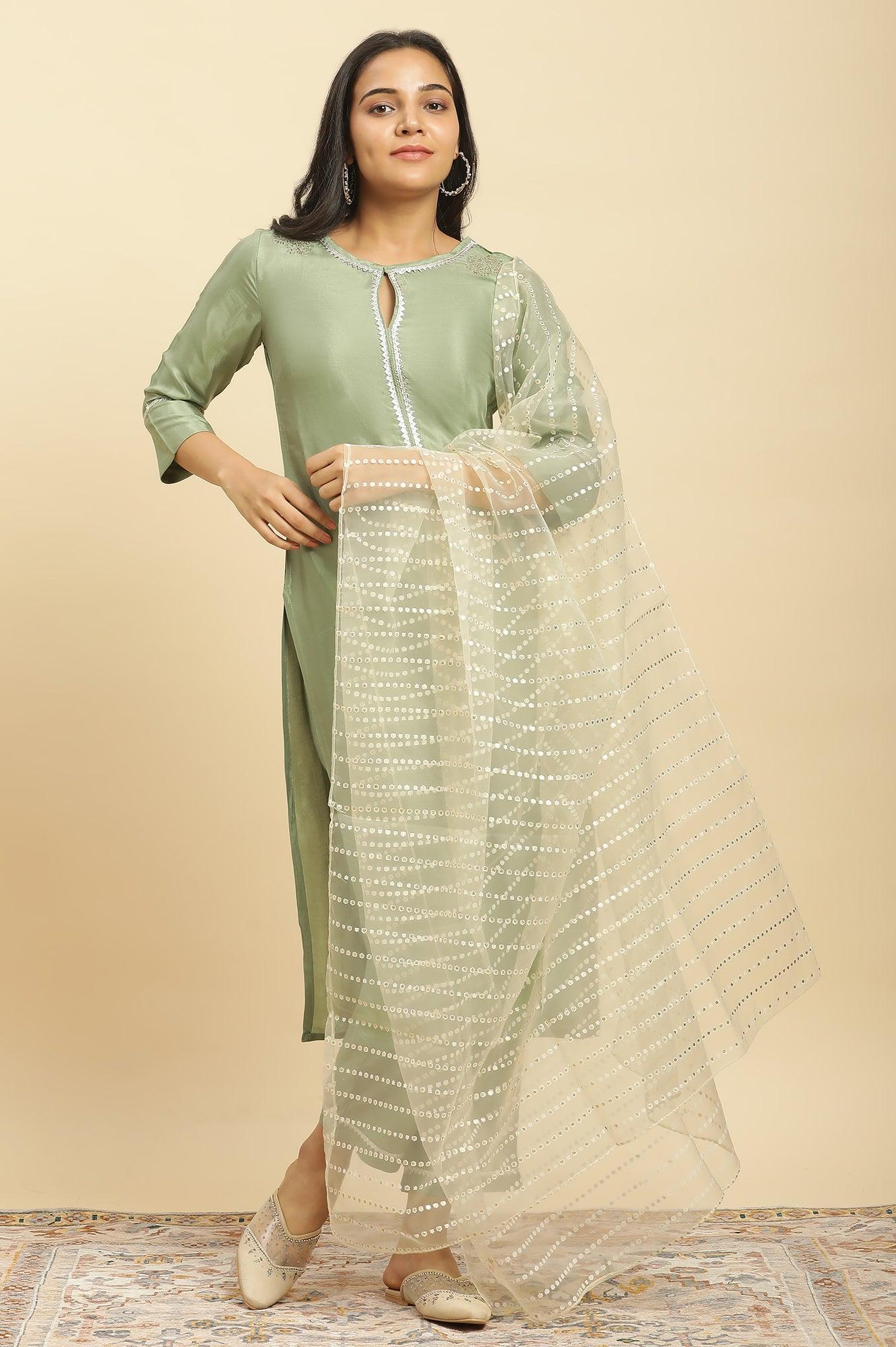 Green Embellished Shantung Kurta, Pants And Dupatta Set - wforwoman